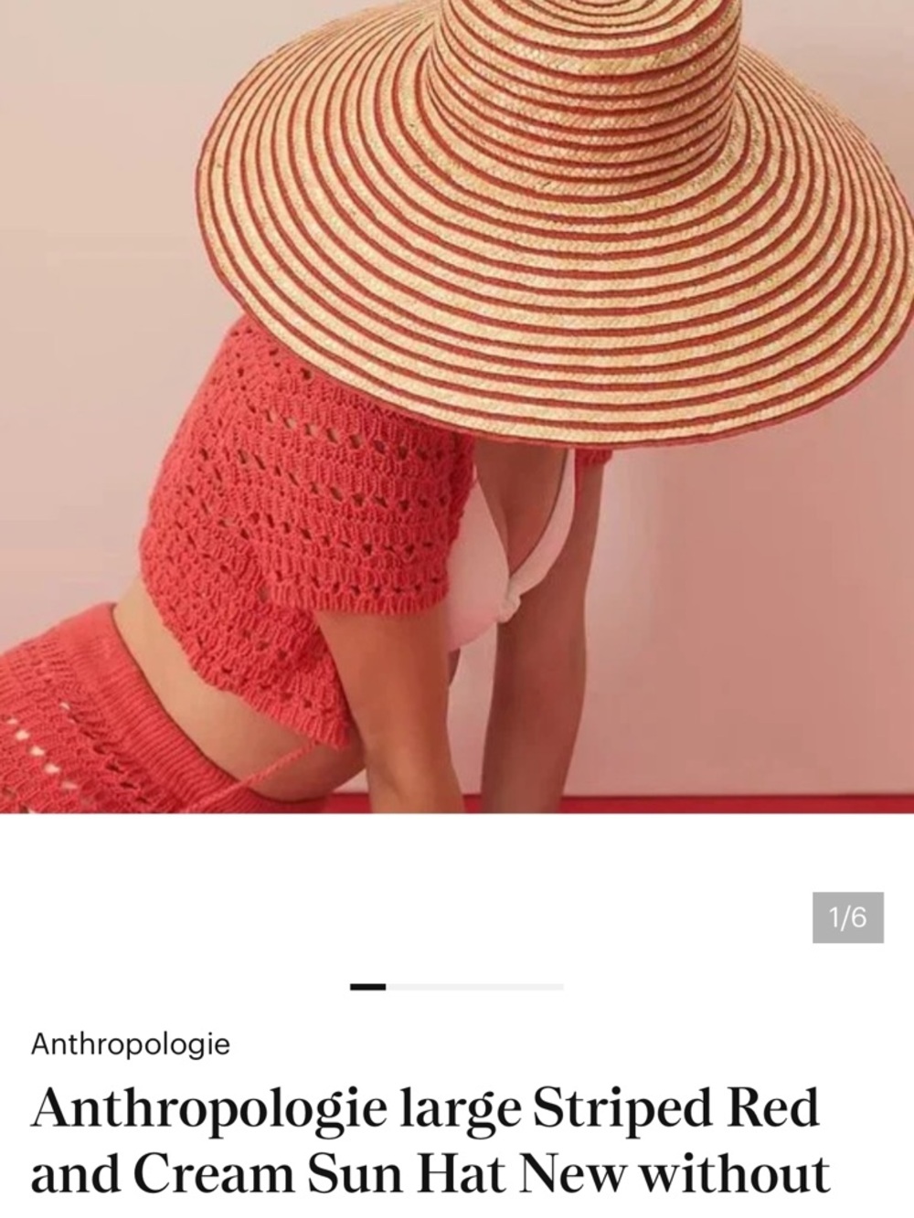 Anthropologie Red and Cream Striped Straw Sun Hat